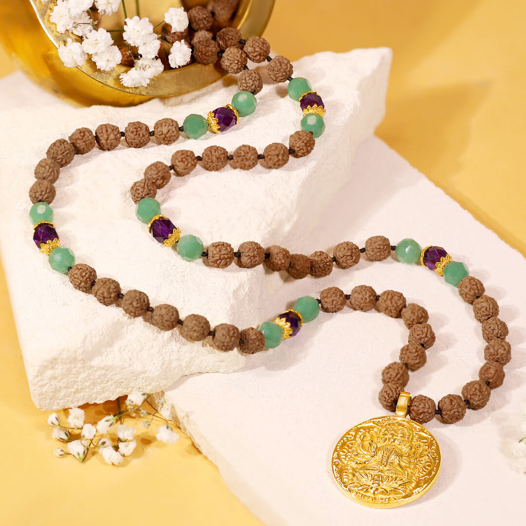 New – Gayatri Yantra Mala amethyst-green aventurine 8